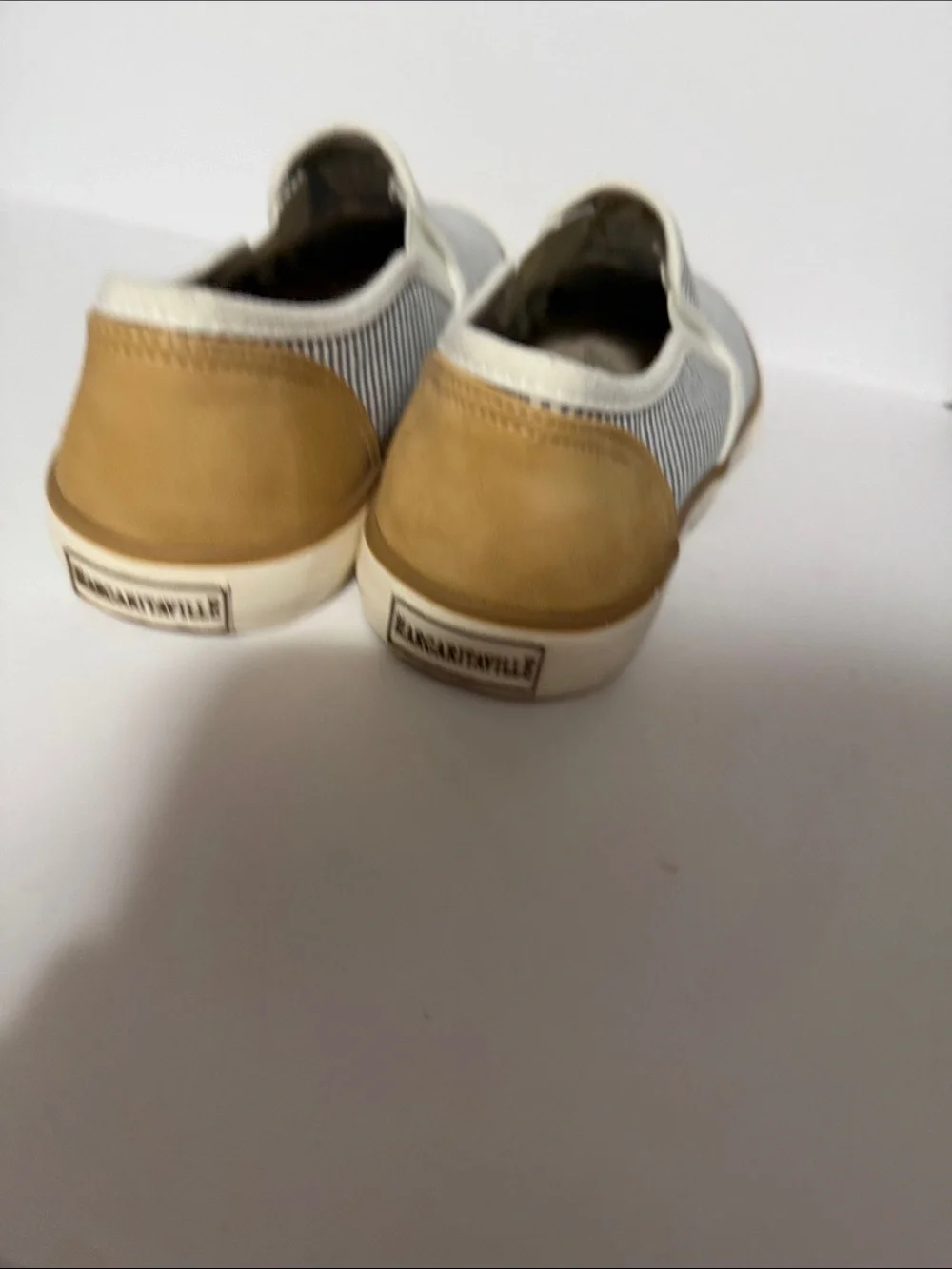 Margaritaville Navy & White Striped Slip-On Sneakers with Tan Trim